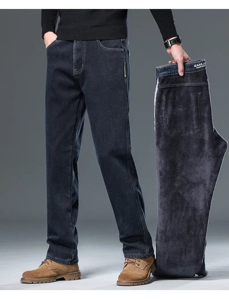 Winter Korean Fashion Brushed Jeans for Men's Thickened Warm Elastic Slim Comfortable Straight Fleece Denim Trousers