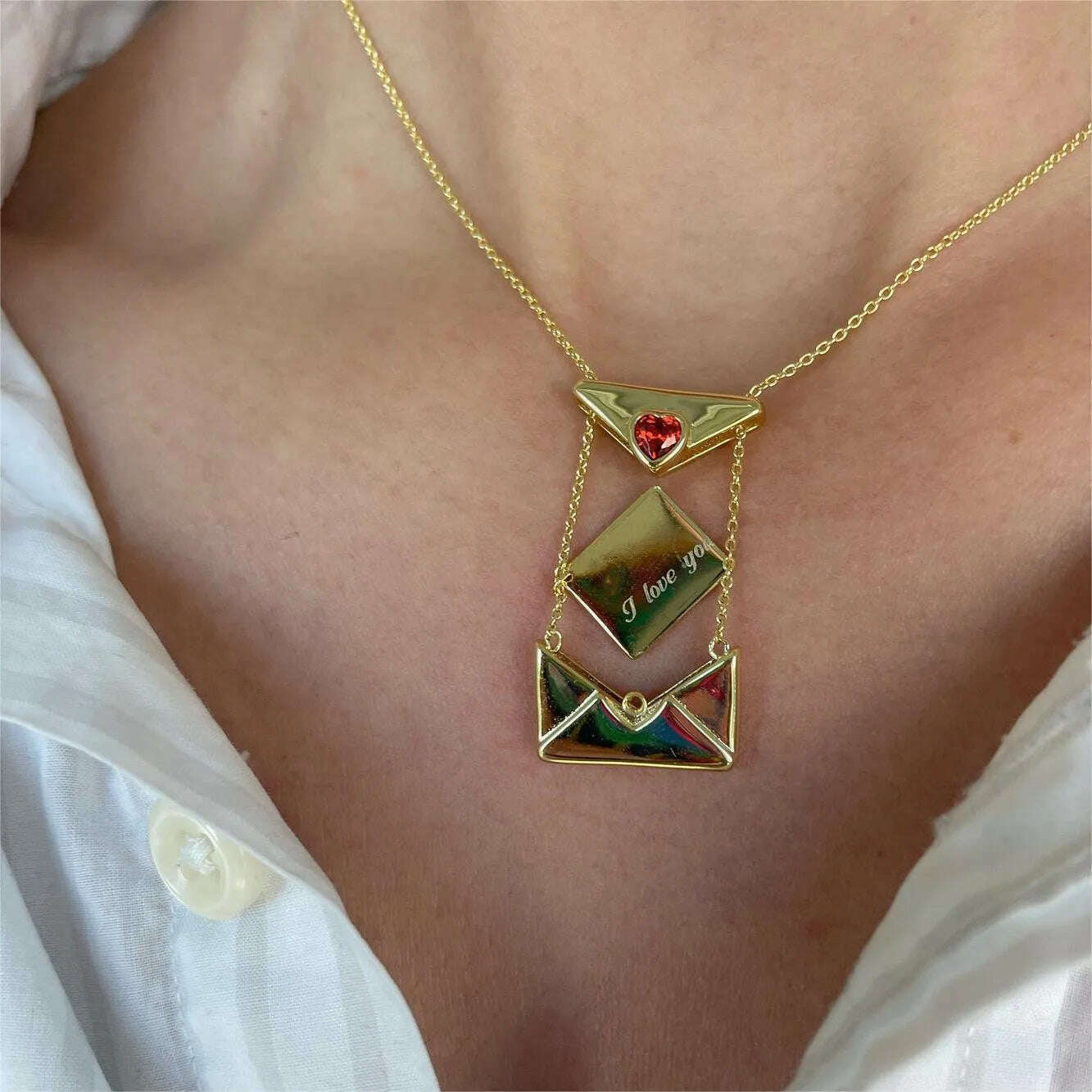 KIMLUD, A copper envelope necklace inlaid with red hearts, KIMLUD Womens Clothes