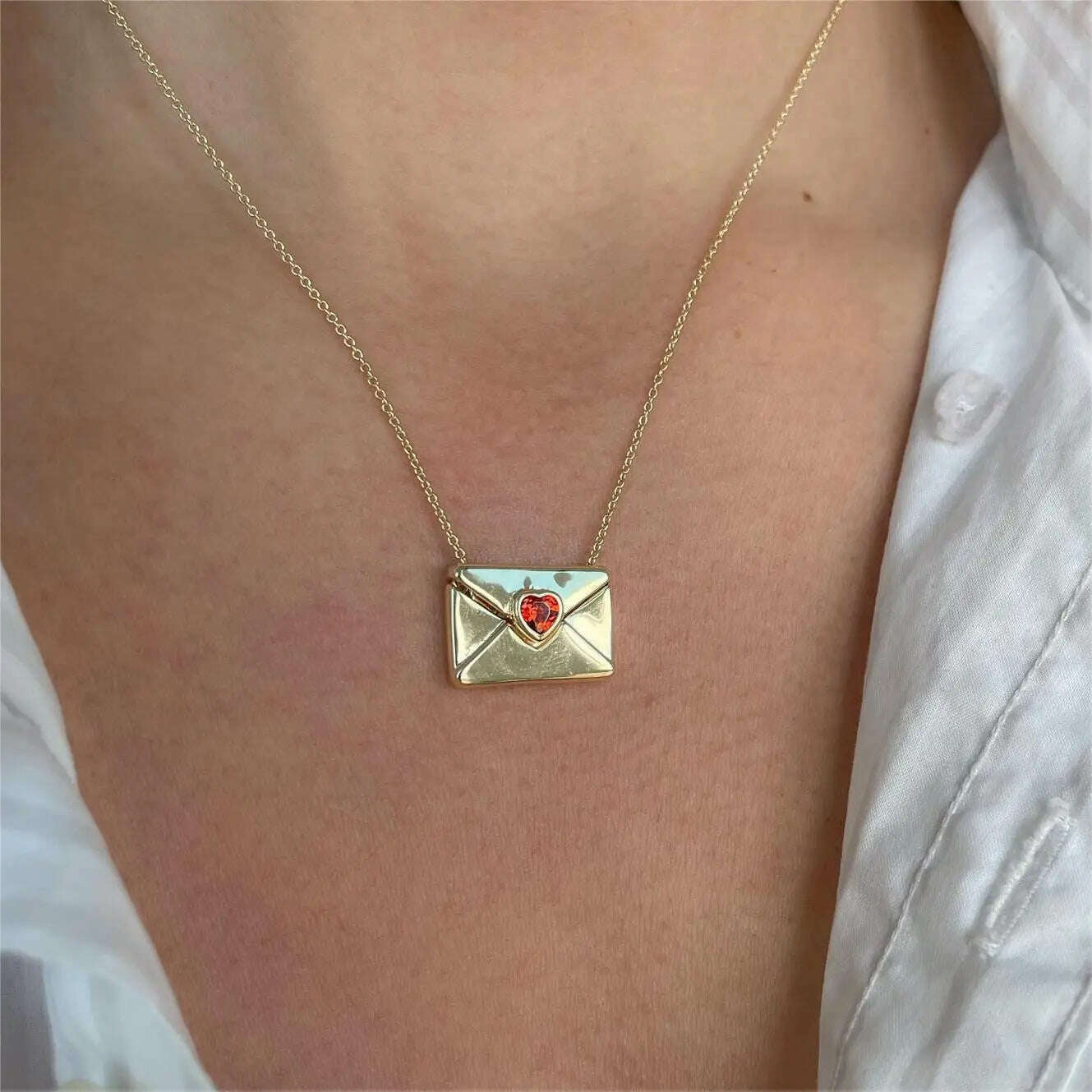 KIMLUD, A copper envelope necklace inlaid with red hearts, golden, KIMLUD Womens Clothes