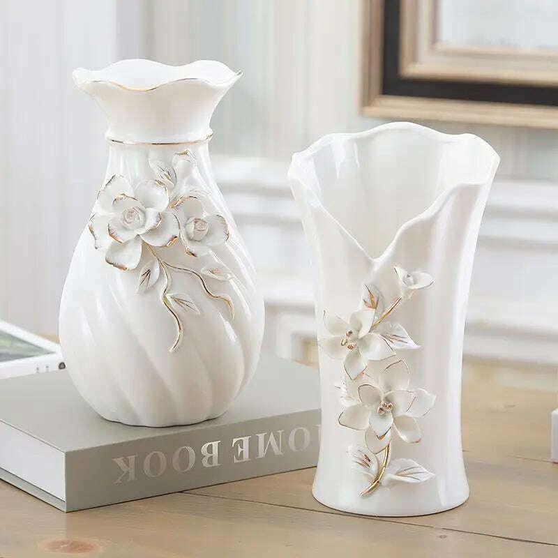 KIMLUD, A pair of Nordic style small vases, simple white ceramic ornaments, living room, European style flower decorations, 2 pieces, BAI002, KIMLUD Womens Clothes