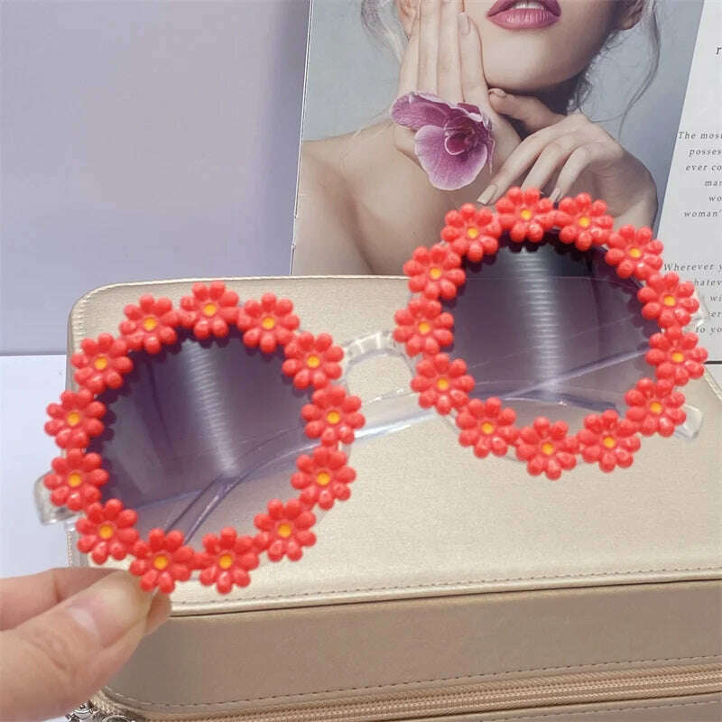 KIMLUD, Adult Women Daisy Sunglasses Fashion Ladies Cute Sun Glasses White Round Flowers Bride Gift Bridesmaid Bachelorette Party Favors, Red / as picture, KIMLUD APPAREL - Womens Clothes