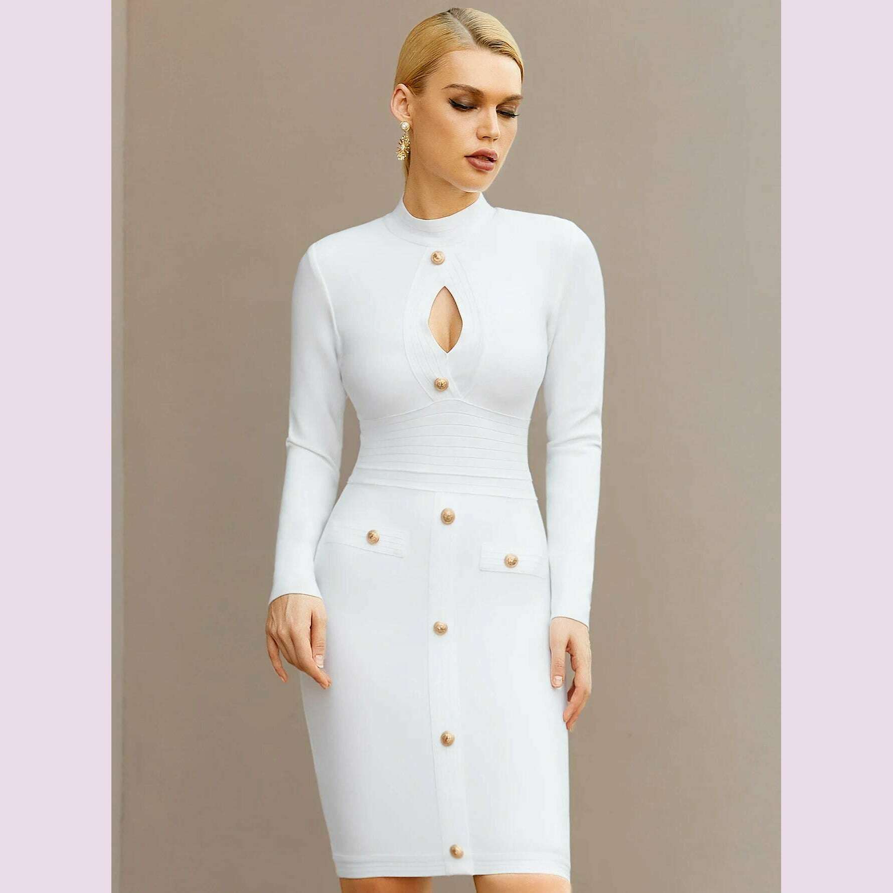 KIMLUD, Adyce New Arrivals Women White Long Sleeve Bodycon Bandage Celebrity Party Dress Sexy Hollow Out Buttons Club Runway Dress 2024, KIMLUD Womens Clothes