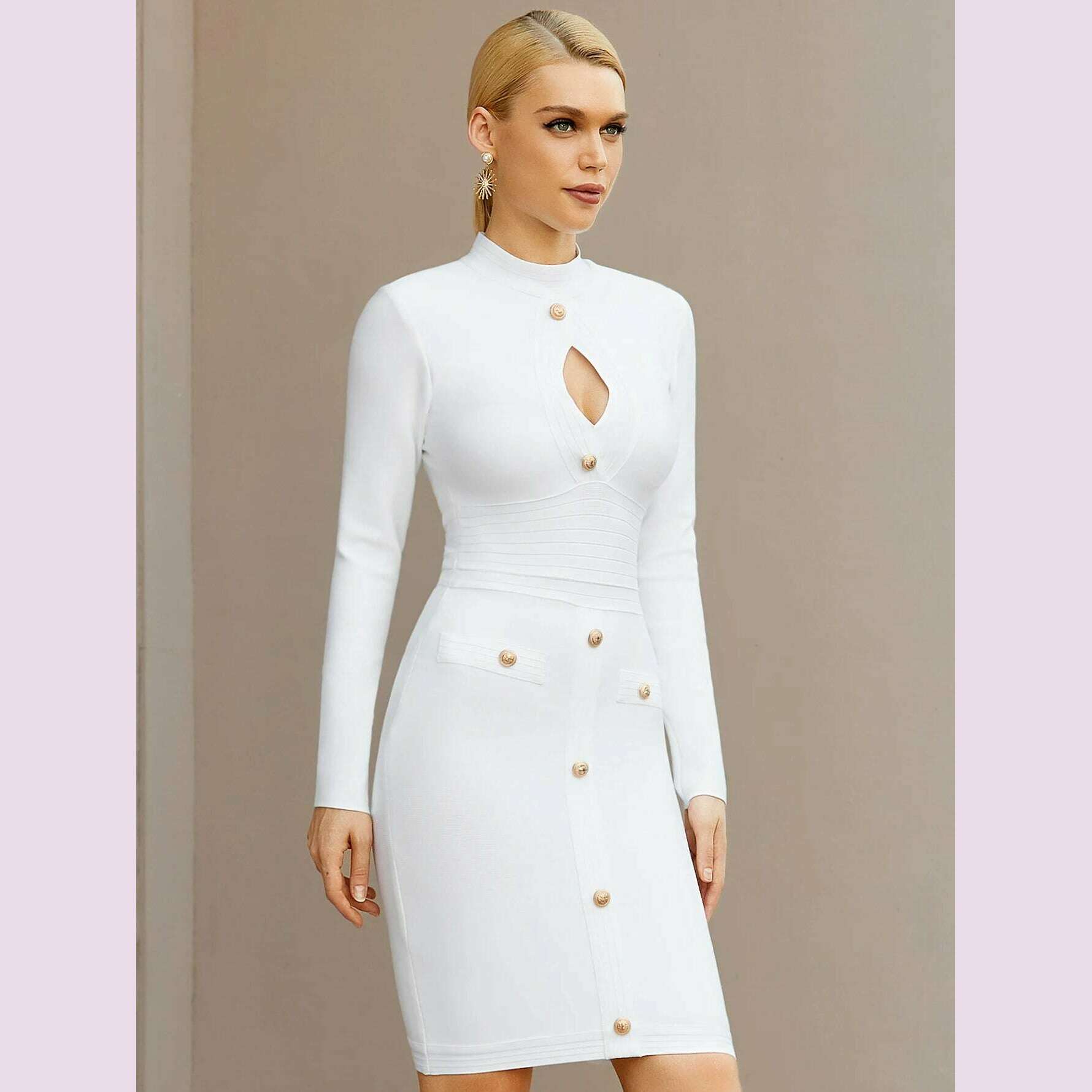 Adyce New Arrivals Women White Long Sleeve Bodycon Bandage Celebrity Party Dress Sexy Hollow Out Buttons Club Runway Dress 2024 - KIMLUD