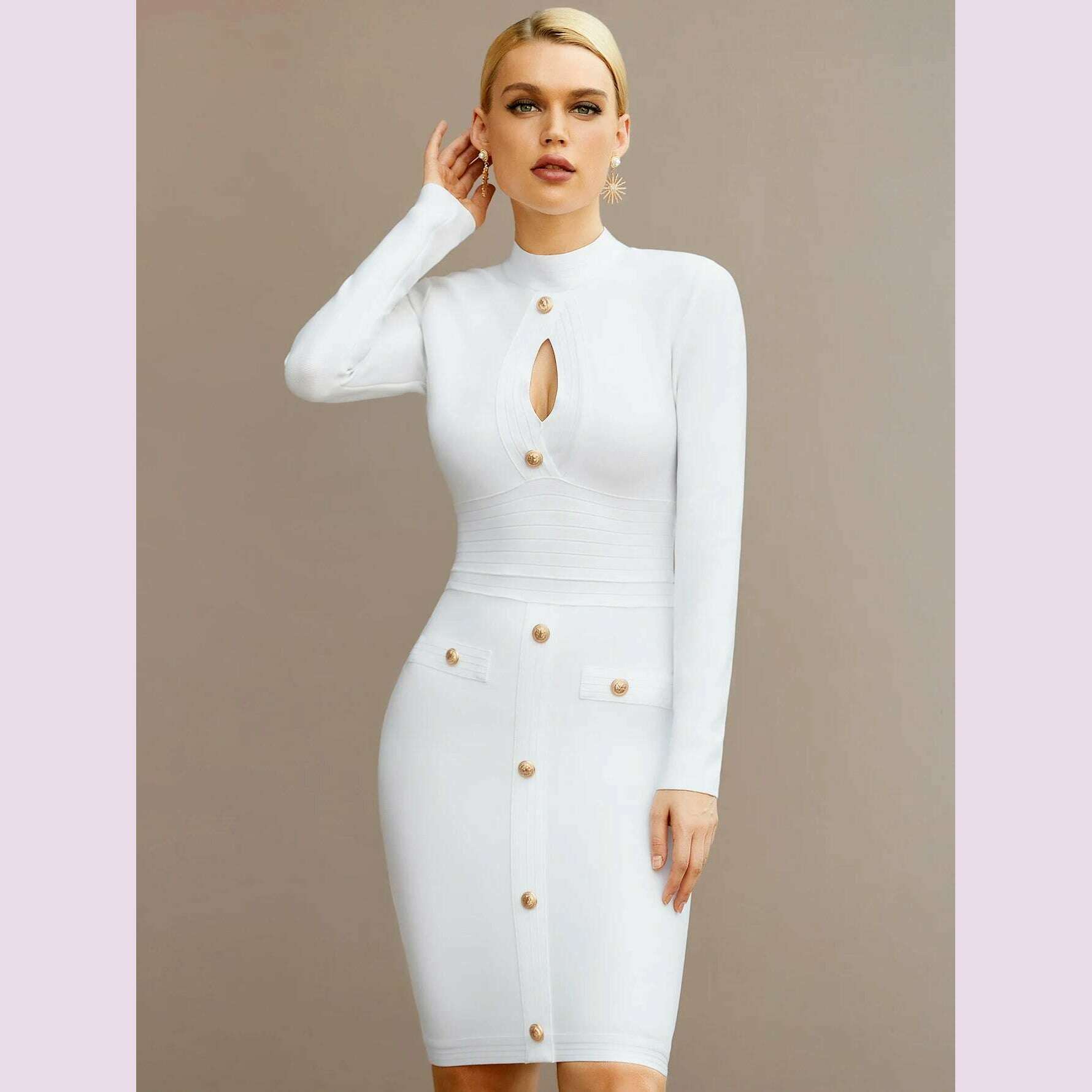 Adyce New Arrivals Women White Long Sleeve Bodycon Bandage Celebrity Party Dress Sexy Hollow Out Buttons Club Runway Dress 2024 - KIMLUD