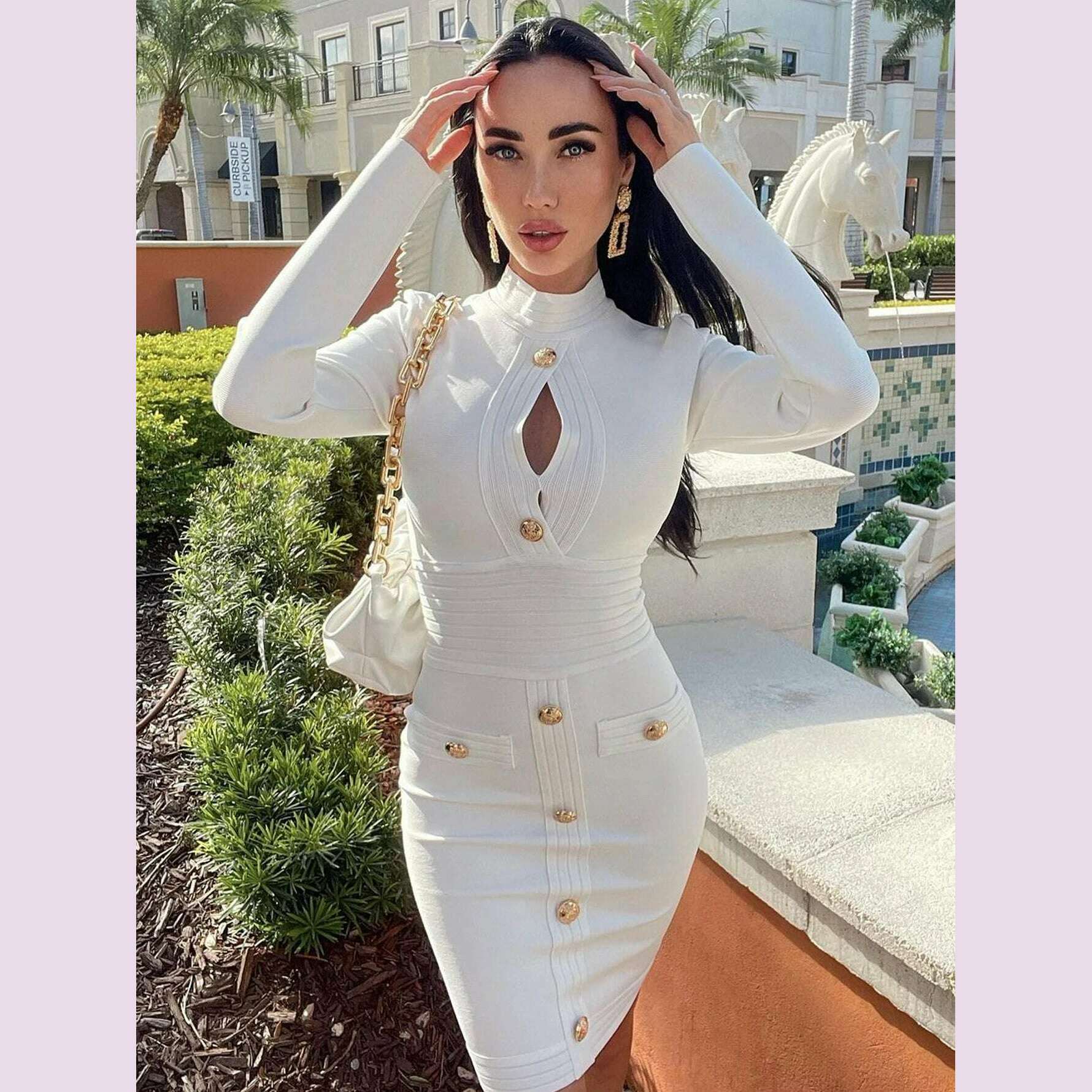 Adyce New Arrivals Women White Long Sleeve Bodycon Bandage Celebrity Party Dress Sexy Hollow Out Buttons Club Runway Dress 2024 - KIMLUD