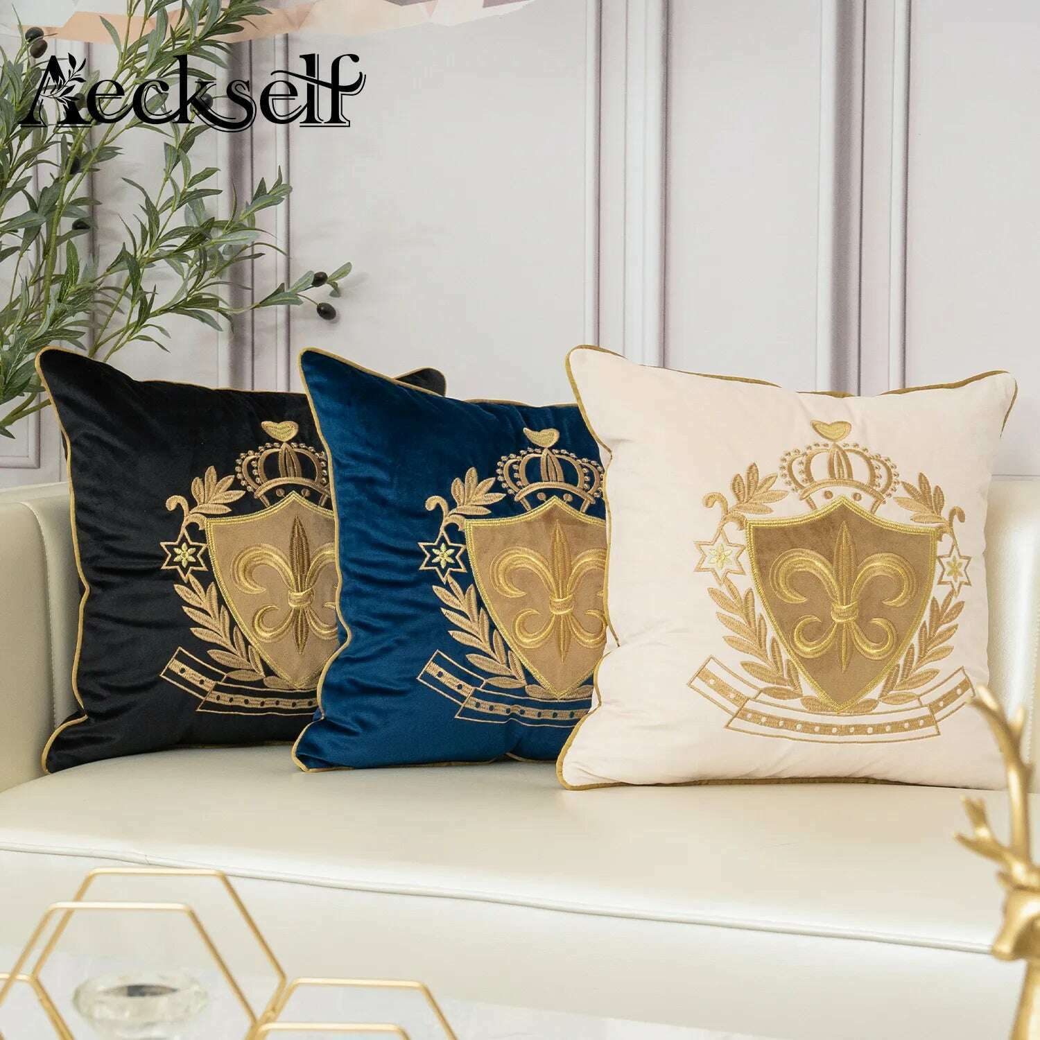 KIMLUD, Aeckself Luxury European Embroidery Velvet Cushion Cover Home Decor Navy Blue Gold Beige Black Throw Pillow Case, KIMLUD Womens Clothes