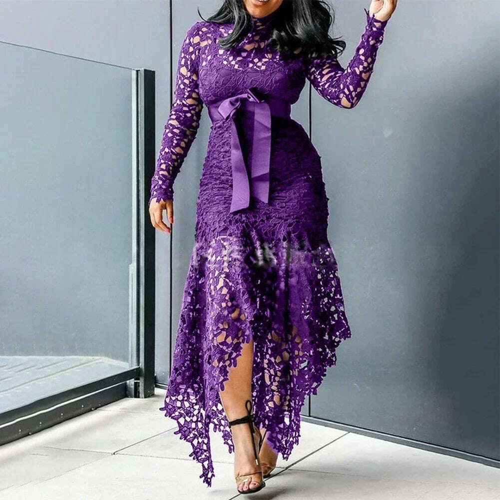 KIMLUD, Affordable Brand New Dress Lace Women Dress Bodycon Evening Party Ladies Maxi Dresses Long Sleeve Plus Size For Women, Purple / CHINA / 4XL, KIMLUD APPAREL - Womens Clothes