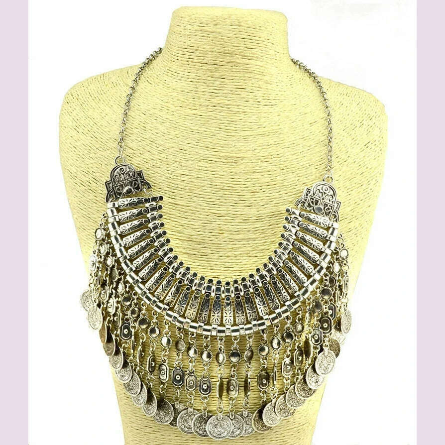 Afghan Bohemian Collars Choker Chic Ethnic Indian Jewelry Sets Gypsy Boho Vintage Tassel Coin Statement Necklace Earrings Women - KIMLUD