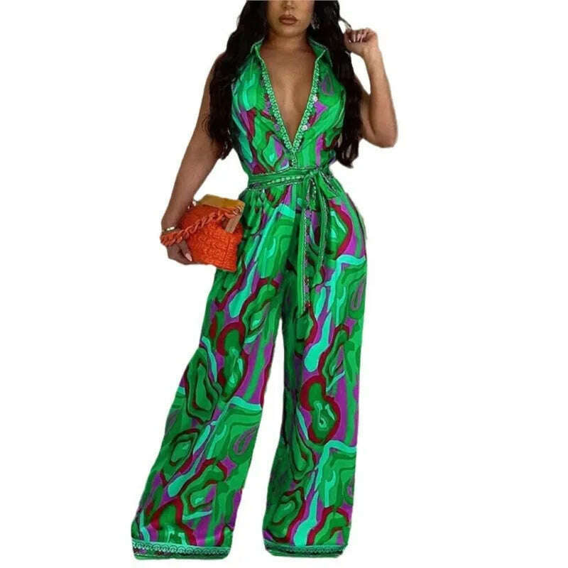 KIMLUD, African Casual Women's Jumpsuit Playsuit Loose Wide Legs Long Pants Printed V Neck Sleeveless African Clothing 2023 Autumn 2XL, KIMLUD Womens Clothes