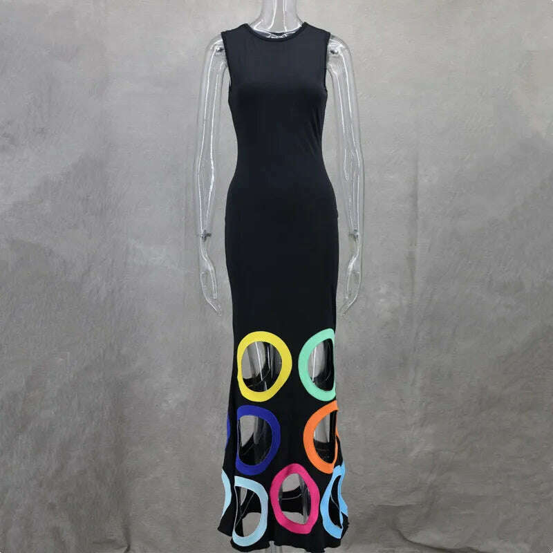 African Fashion Colorful Hollow Out Summer Dress Women Elegant Round Neck Slim Club Party Dresses Sleeveless Long Dress - KIMLUD