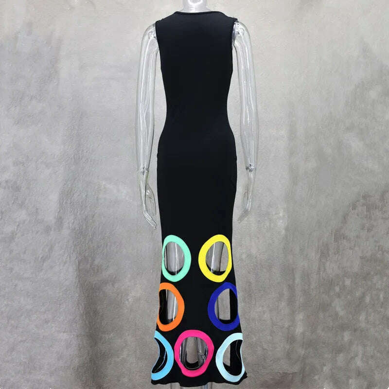 KIMLUD, African Fashion Colorful Hollow Out Summer Dress Women Elegant Round Neck Slim Club Party Dresses Sleeveless Long Dress, KIMLUD Womens Clothes