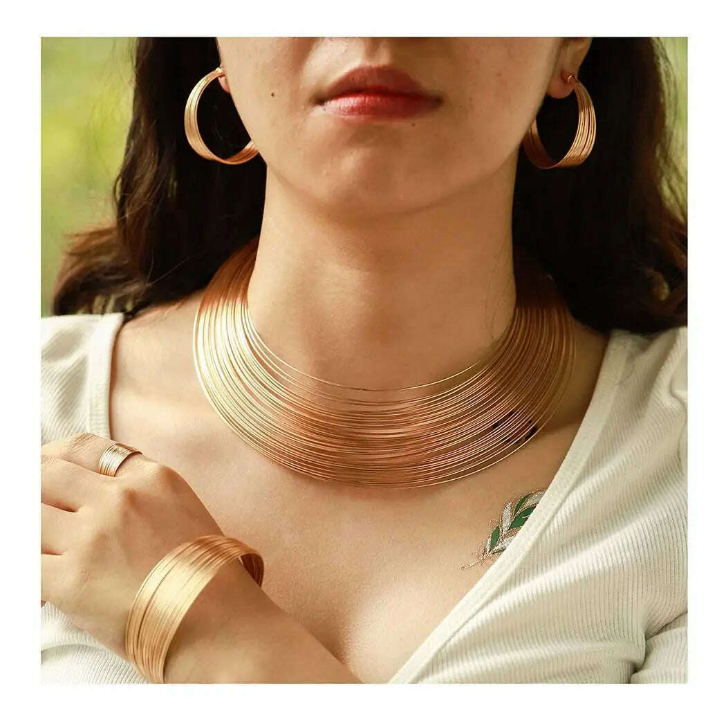 African Neck Choker Gold Plated Multilayer Choker Open Bib Bracelet Chunky Hoop Earrings Ring Set Fashion Jewelry Women Jewelry - KIMLUD