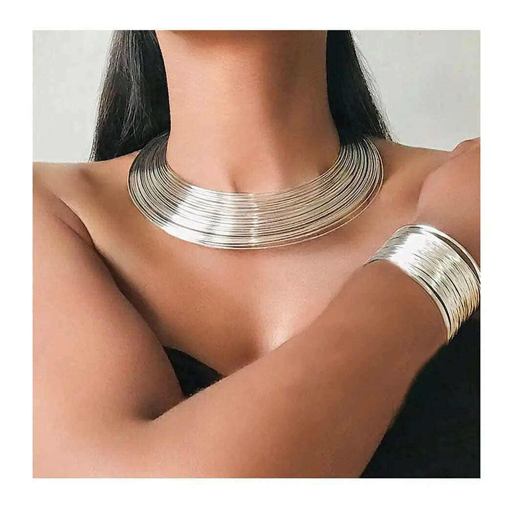 African Neck Choker Gold Plated Multilayer Choker Open Bib Bracelet Chunky Hoop Earrings Ring Set Fashion Jewelry Women Jewelry - KIMLUD