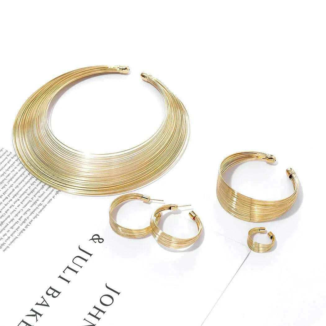 African Neck Choker Gold Plated Multilayer Choker Open Bib Bracelet Chunky Hoop Earrings Ring Set Fashion Jewelry Women Jewelry - KIMLUD