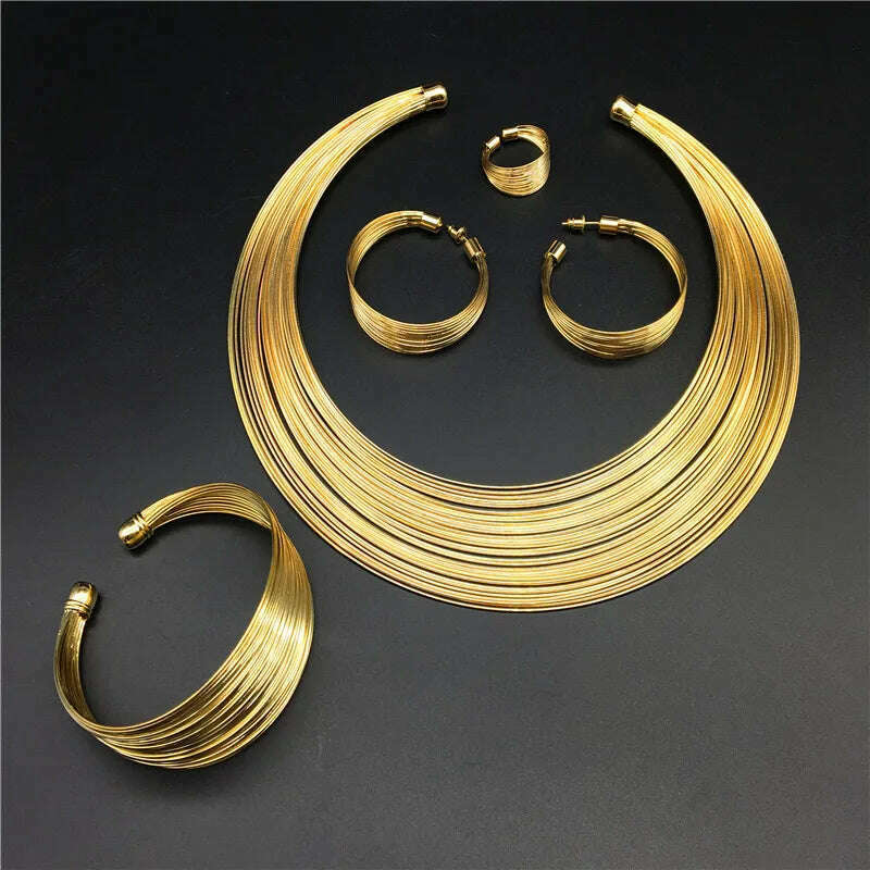 KIMLUD, African Neck Choker Gold Plated Multilayer Choker Open Bib Bracelet Chunky Hoop Earrings Ring Set Fashion Jewelry Women Jewelry, KIMLUD Womens Clothes