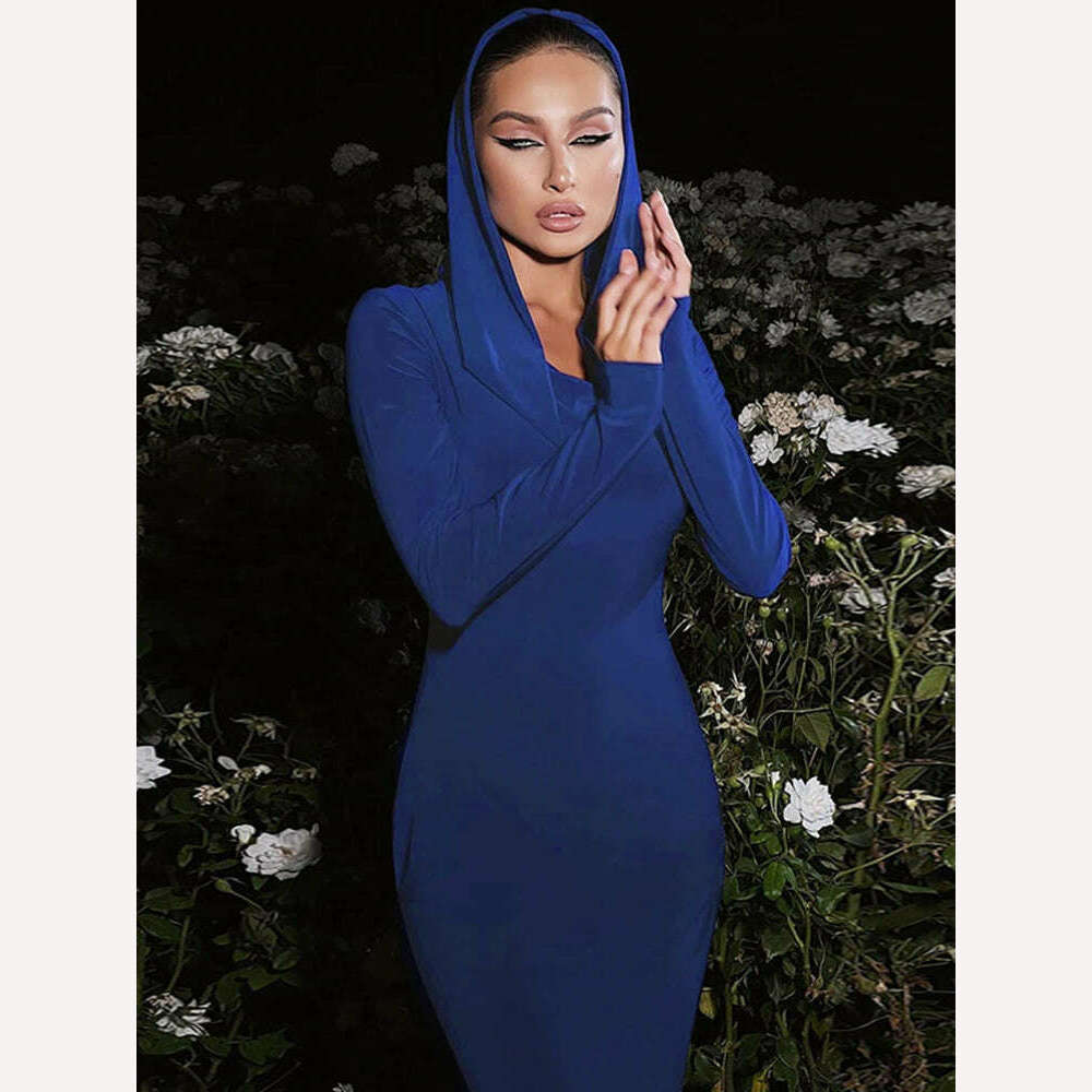 KIMLUD, Ahagaga Fashion Sexy Solid Hooded Maxi Dresses Women Elegant Casual Long Sleeve Slim Bodycon Party Vestidos Robes Streetwear, KIMLUD Womens Clothes