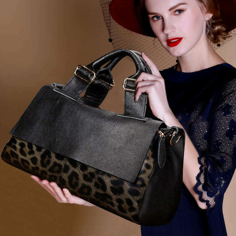 Aidrani Classic Leopard Pattern Genuine Leather Women's Bag Large Capacity Women's Handbag Cowhide Casual Shoulder Bag - KIMLUD