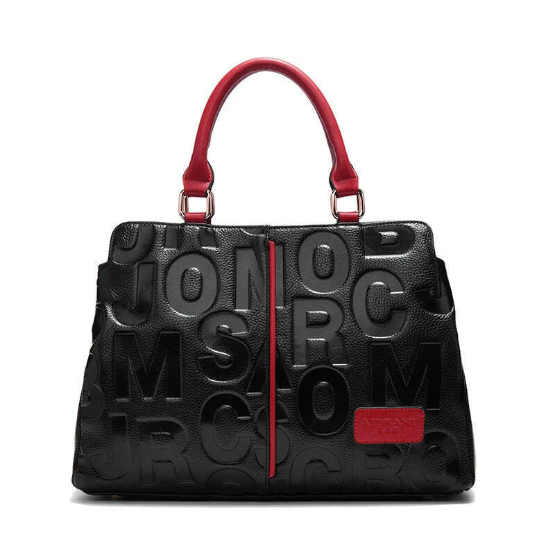 KIMLUD, Aidrani  Fashionable women's large capacity handbag with letter design, made of 100% cowhide material,, Black and Red, KIMLUD APPAREL - Womens Clothes