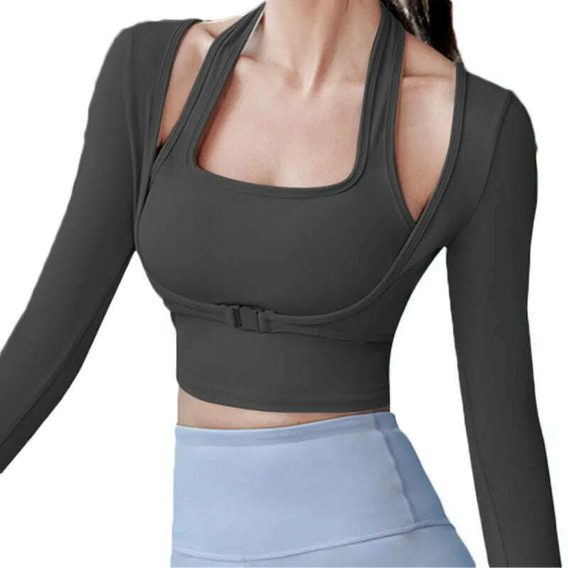 Aiithuug Padded Gym Shirts Long Sleeve Women Yoga Shirts Fake Two Pieces Fitness Tops with Underbust Fastener Sexy Workout Top - KIMLUD