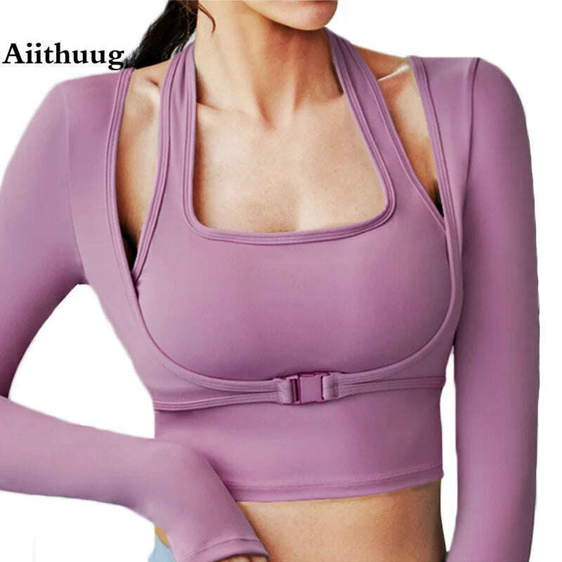 Aiithuug Padded Gym Shirts Long Sleeve Women Yoga Shirts Fake Two Pieces Fitness Tops with Underbust Fastener Sexy Workout Top - KIMLUD