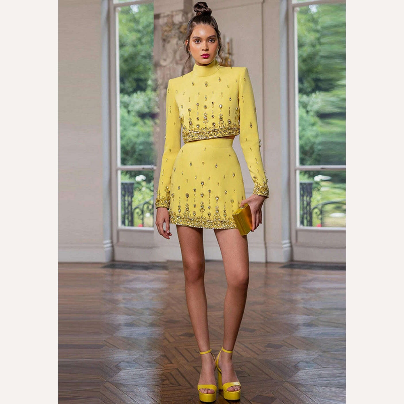 Ailigou 2023 New Autumn Women's Fashion Sexy Diamond Beaded Short Top+Dress Yellow Two Piece Suit Set High Quality - KIMLUD