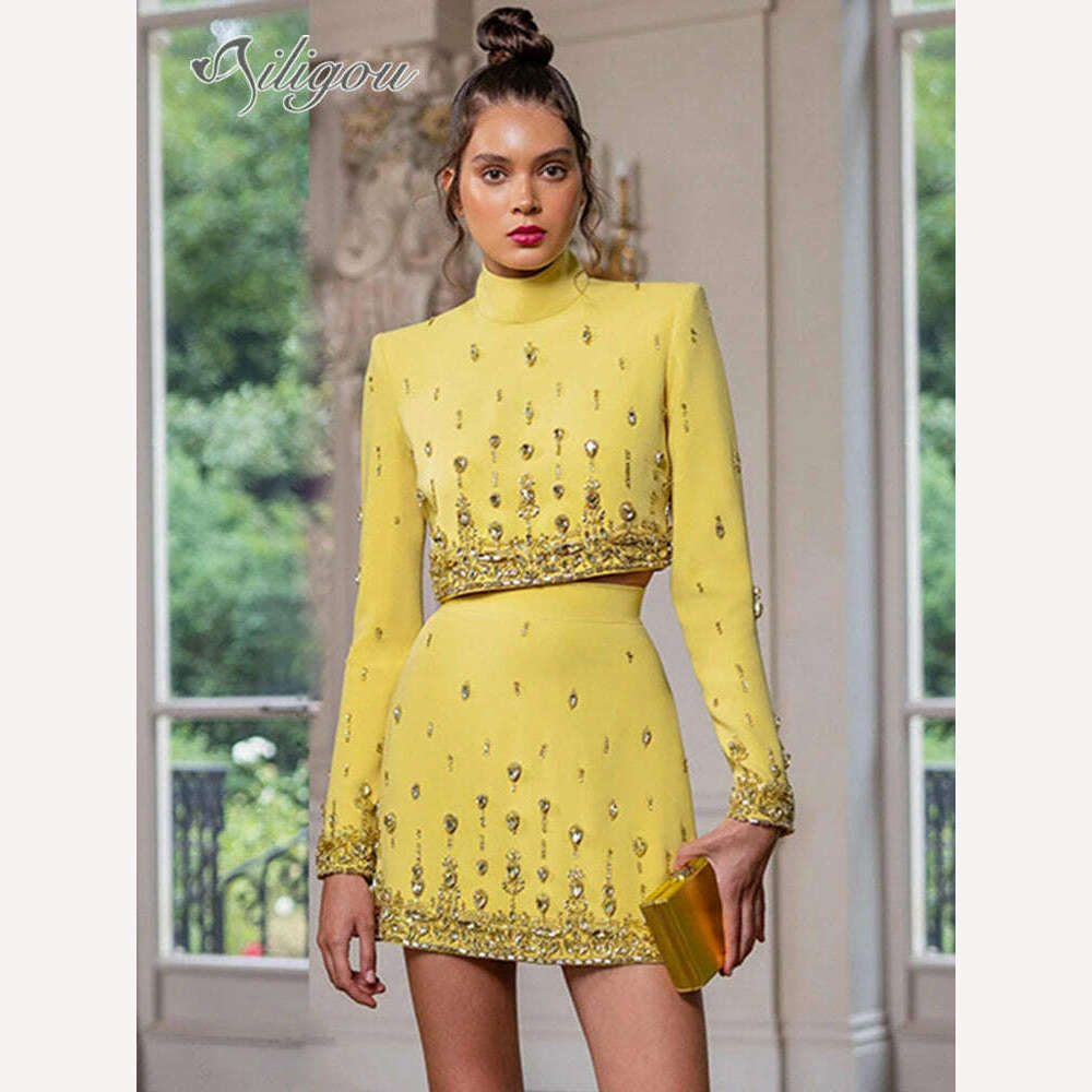 Ailigou 2023 New Autumn Women's Fashion Sexy Diamond Beaded Short Top+Dress Yellow Two Piece Suit Set High Quality - KIMLUD