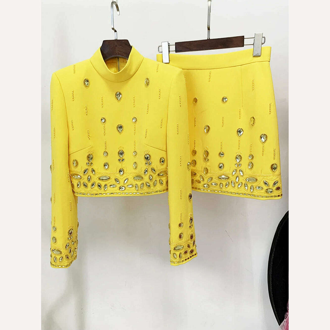 Ailigou 2023 New Autumn Women's Fashion Sexy Diamond Beaded Short Top+Dress Yellow Two Piece Suit Set High Quality - KIMLUD