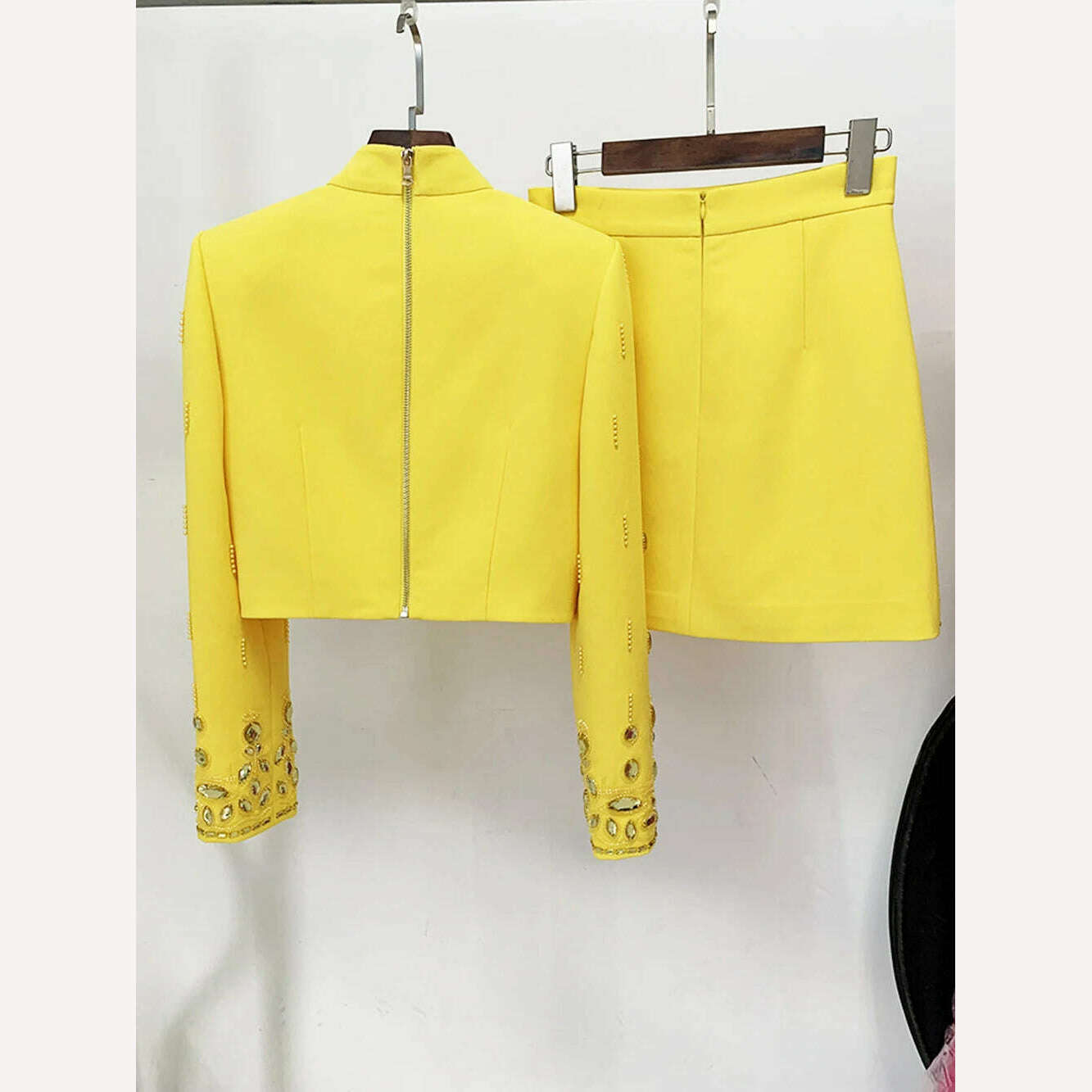 Ailigou 2023 New Autumn Women's Fashion Sexy Diamond Beaded Short Top+Dress Yellow Two Piece Suit Set High Quality - KIMLUD