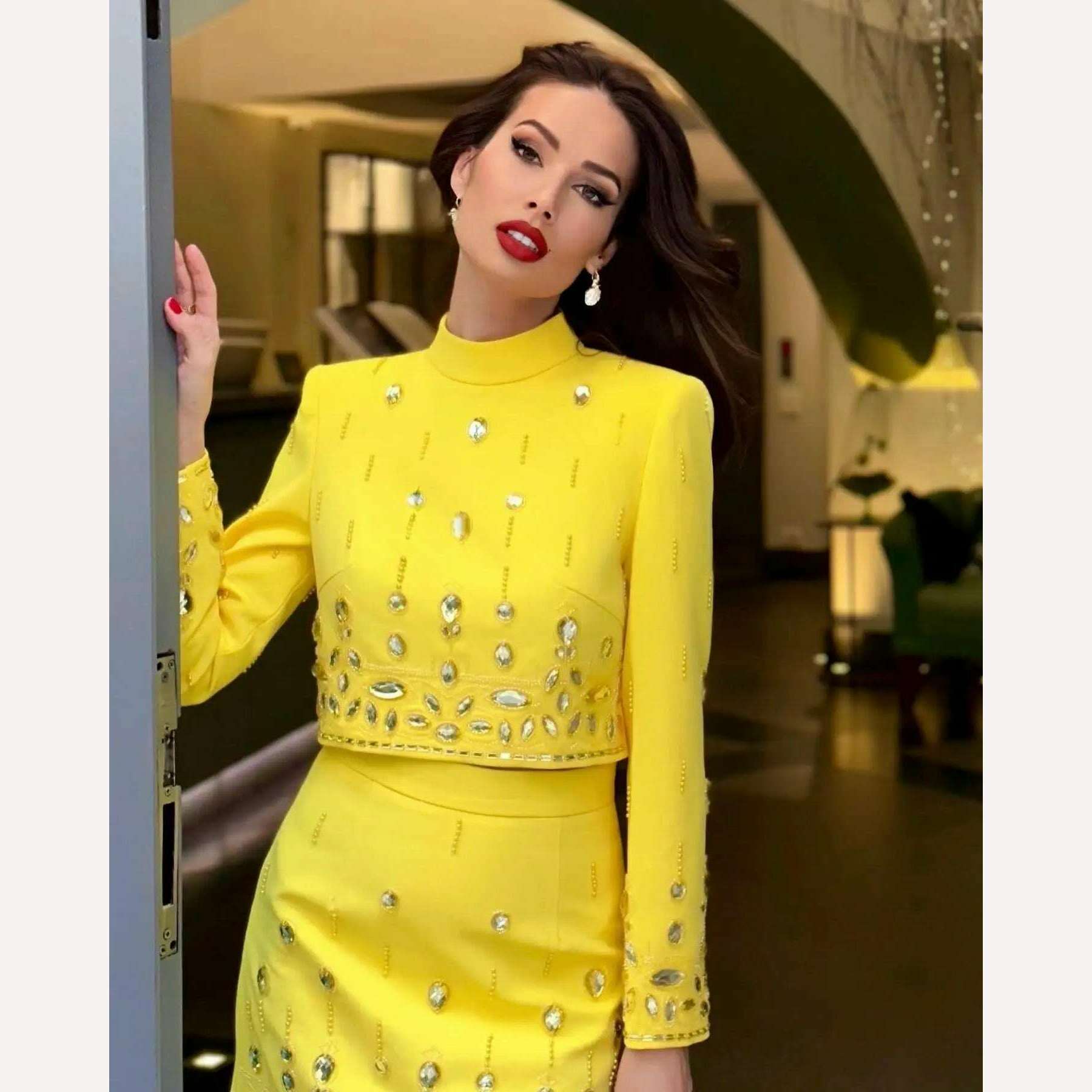 KIMLUD, Ailigou 2023 New Autumn Women's Fashion Sexy Diamond Beaded Short Top+Dress Yellow Two Piece Suit Set High Quality, KIMLUD Womens Clothes