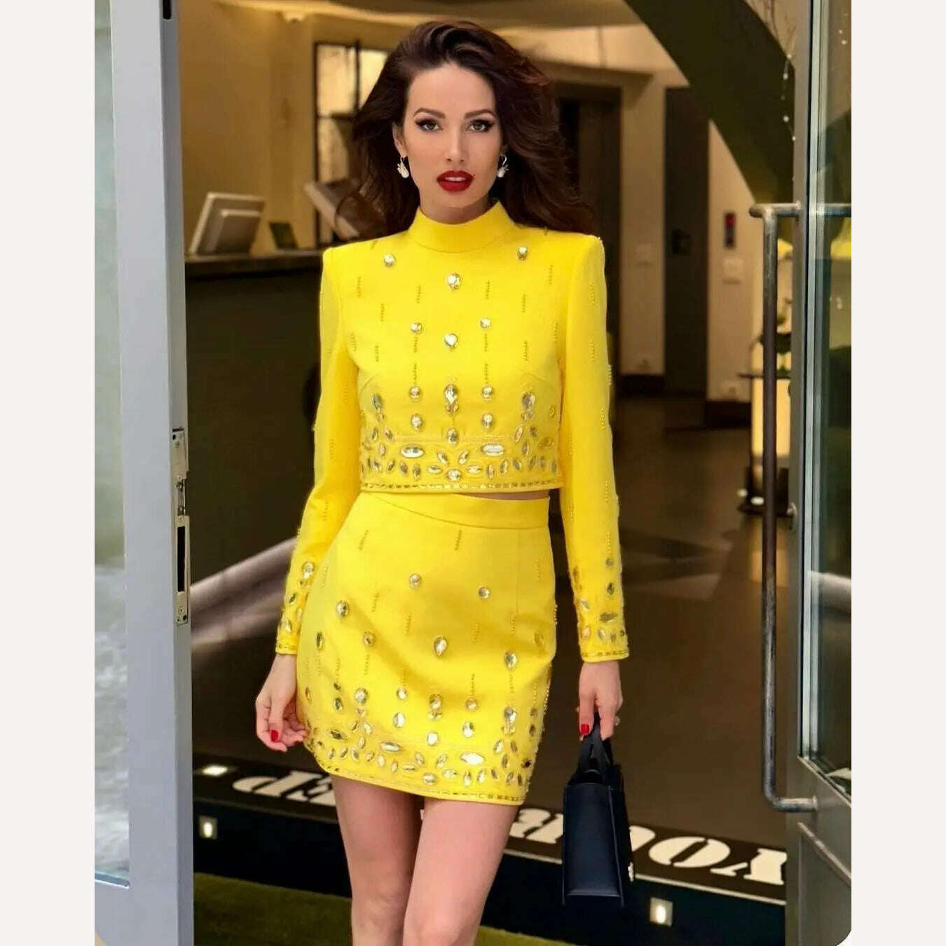 KIMLUD, Ailigou 2023 New Autumn Women's Fashion Sexy Diamond Beaded Short Top+Dress Yellow Two Piece Suit Set High Quality, KIMLUD Womens Clothes