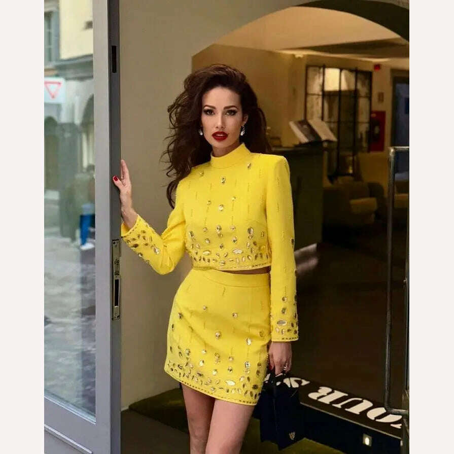 KIMLUD, Ailigou 2023 New Autumn Women's Fashion Sexy Diamond Beaded Short Top+Dress Yellow Two Piece Suit Set High Quality, KIMLUD Womens Clothes