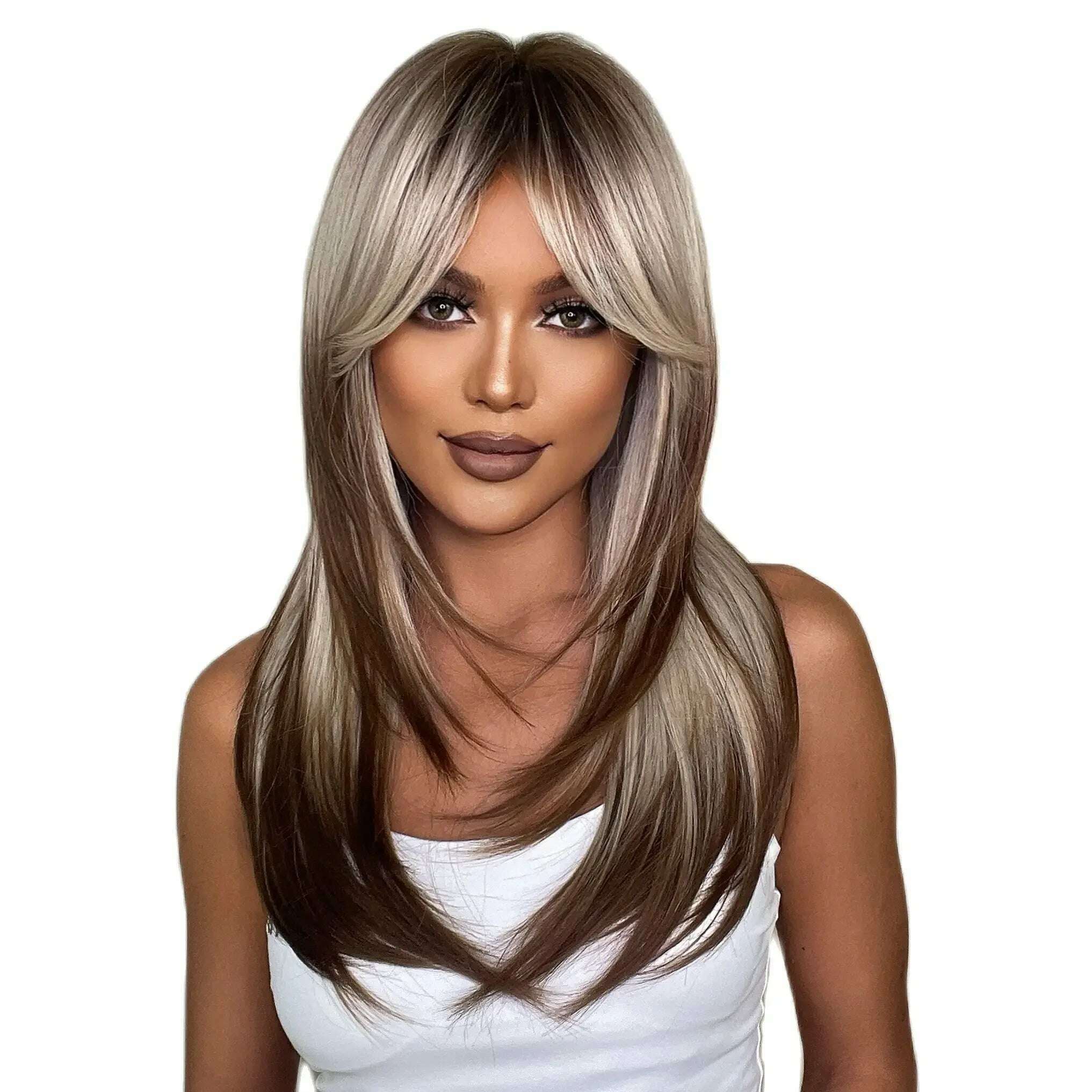 ALAN EATON Blonde Layered Synthetic Wigs for Women Long Straight Brown Highlights Wigs with Bangs Balayage Hair Heat Resistant - KIMLUD