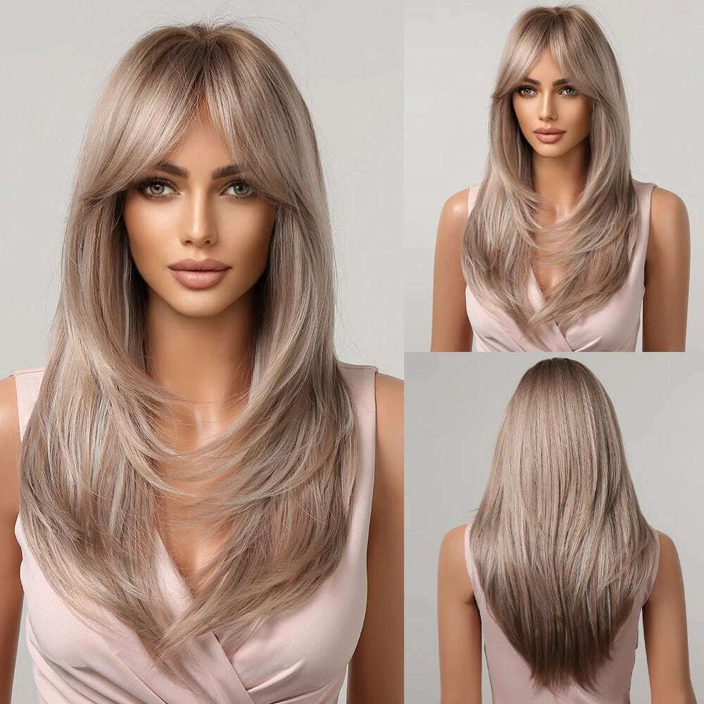 ALAN EATON Blonde Layered Synthetic Wigs for Women Long Straight Brown Highlights Wigs with Bangs Balayage Hair Heat Resistant - KIMLUD