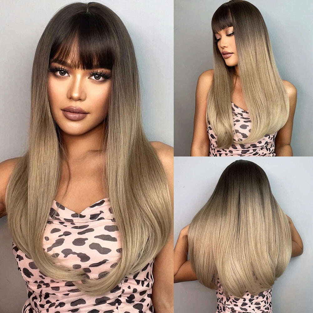 ALAN EATON Blonde Layered Synthetic Wigs for Women Long Straight Brown Highlights Wigs with Bangs Balayage Hair Heat Resistant - KIMLUD