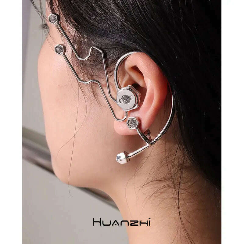 KIMLUD, Alien Cyberpunk Transparent Zircon Metal Ear Hook for women men unisex Punk Ear bone clip Streetwear Accessory HUANZHI 2023 New, KIMLUD Womens Clothes