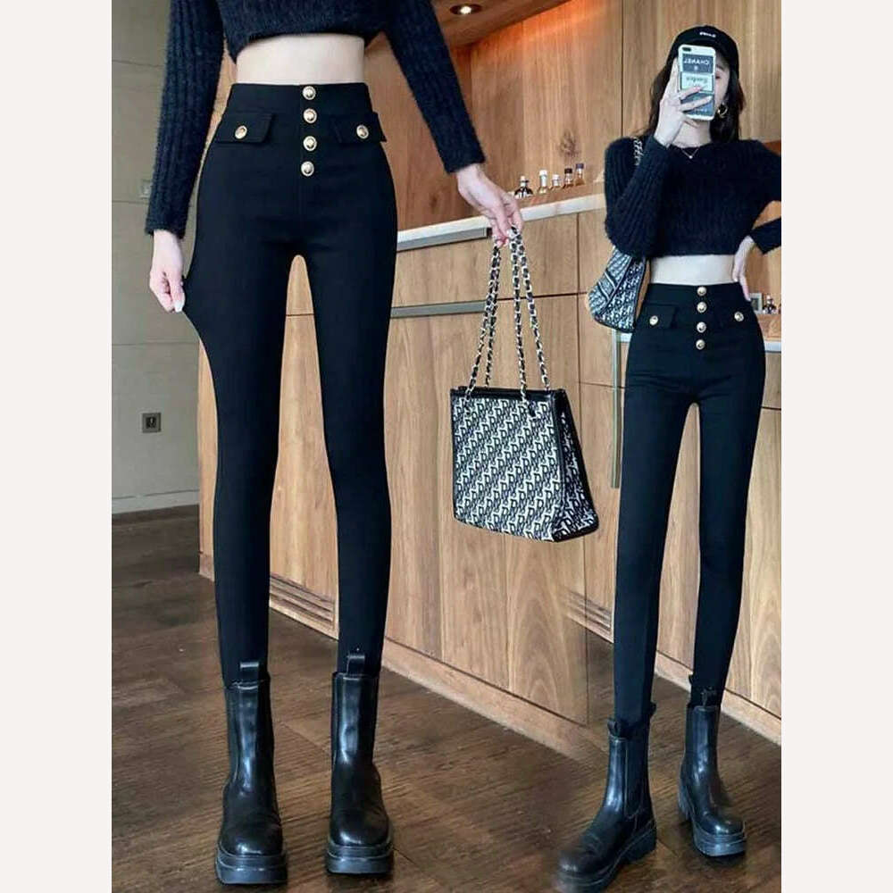 KIMLUD, All-match casual pants 2022 autumn winter plus velvet high waist slim stretch foot pants fashionable women's clothing, Black / S, KIMLUD Womens Clothes