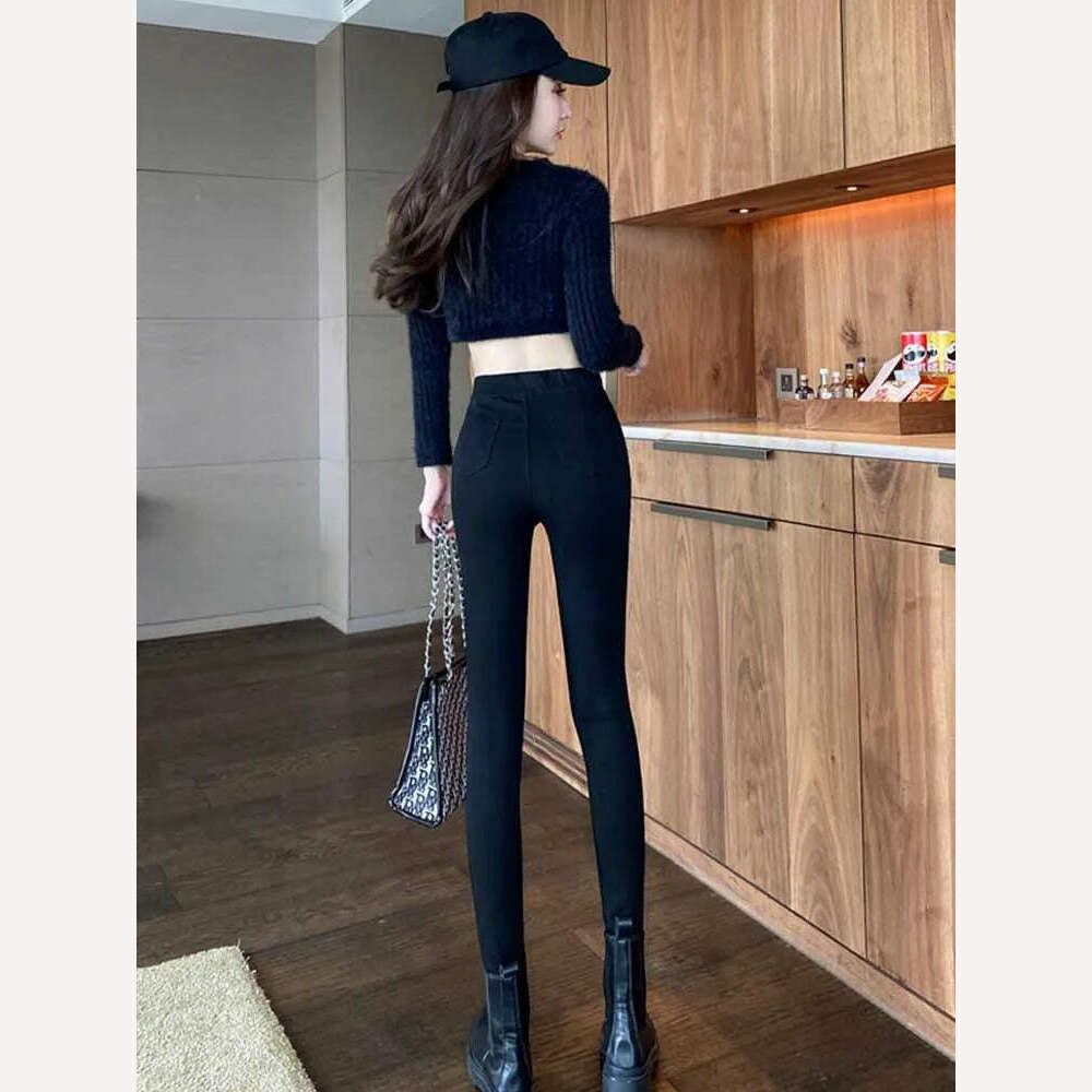 KIMLUD, All-match casual pants 2022 autumn winter plus velvet high waist slim stretch foot pants fashionable women's clothing, KIMLUD Womens Clothes