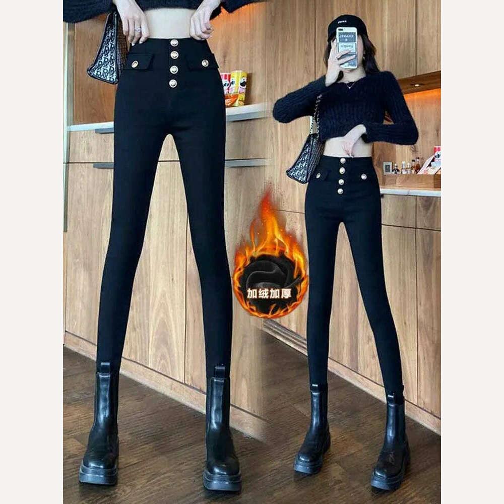 KIMLUD, All-match casual pants 2022 autumn winter plus velvet high waist slim stretch foot pants fashionable women's clothing, KIMLUD Womens Clothes