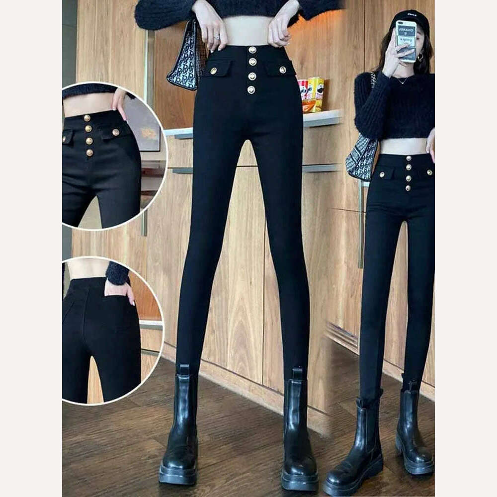 KIMLUD, All-match casual pants 2022 autumn winter plus velvet high waist slim stretch foot pants fashionable women's clothing, KIMLUD Womens Clothes