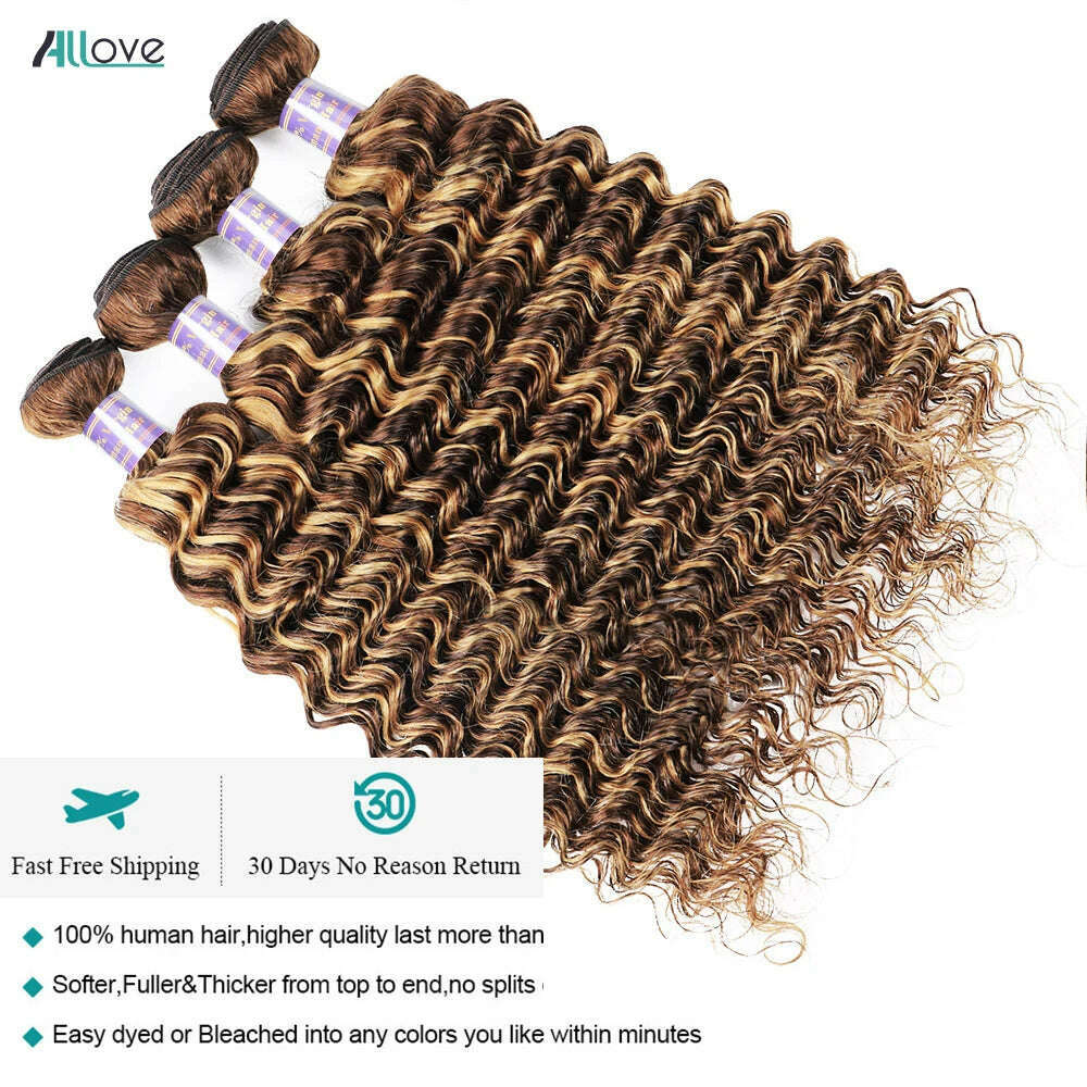 Allove Highlight Bundles With Closure Deep Wave Human Hair Bundles With 4x4 Transparent Lace Closure Ombre Honey Brown Remy Hair - KIMLUD