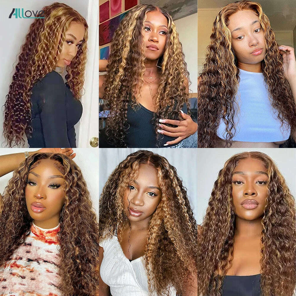 KIMLUD, Allove Highlight Bundles With Closure Deep Wave Human Hair Bundles With 4x4 Transparent Lace Closure Ombre Honey Brown Remy Hair, KIMLUD Womens Clothes