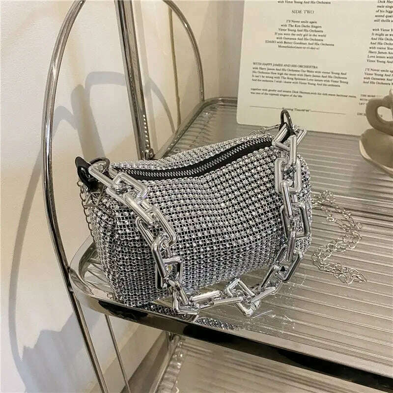 Allover Rhinestone Bucket Bag, Glitter Chain Prom Purse, Women's Mini Crossbody Bag (6.3*3.54) Inch - KIMLUD