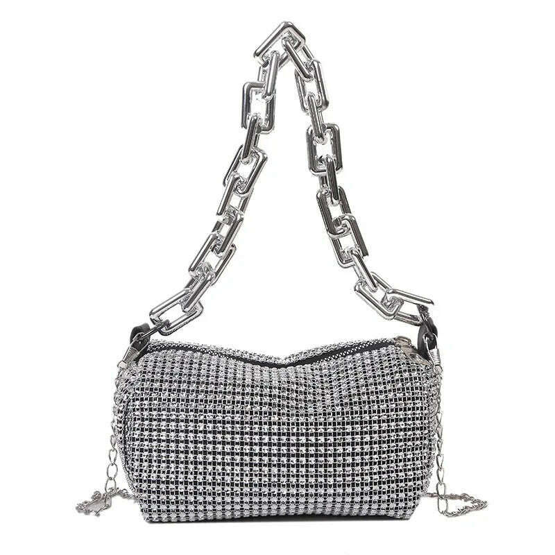 Allover Rhinestone Bucket Bag, Glitter Chain Prom Purse, Women's Mini Crossbody Bag (6.3*3.54) Inch - KIMLUD