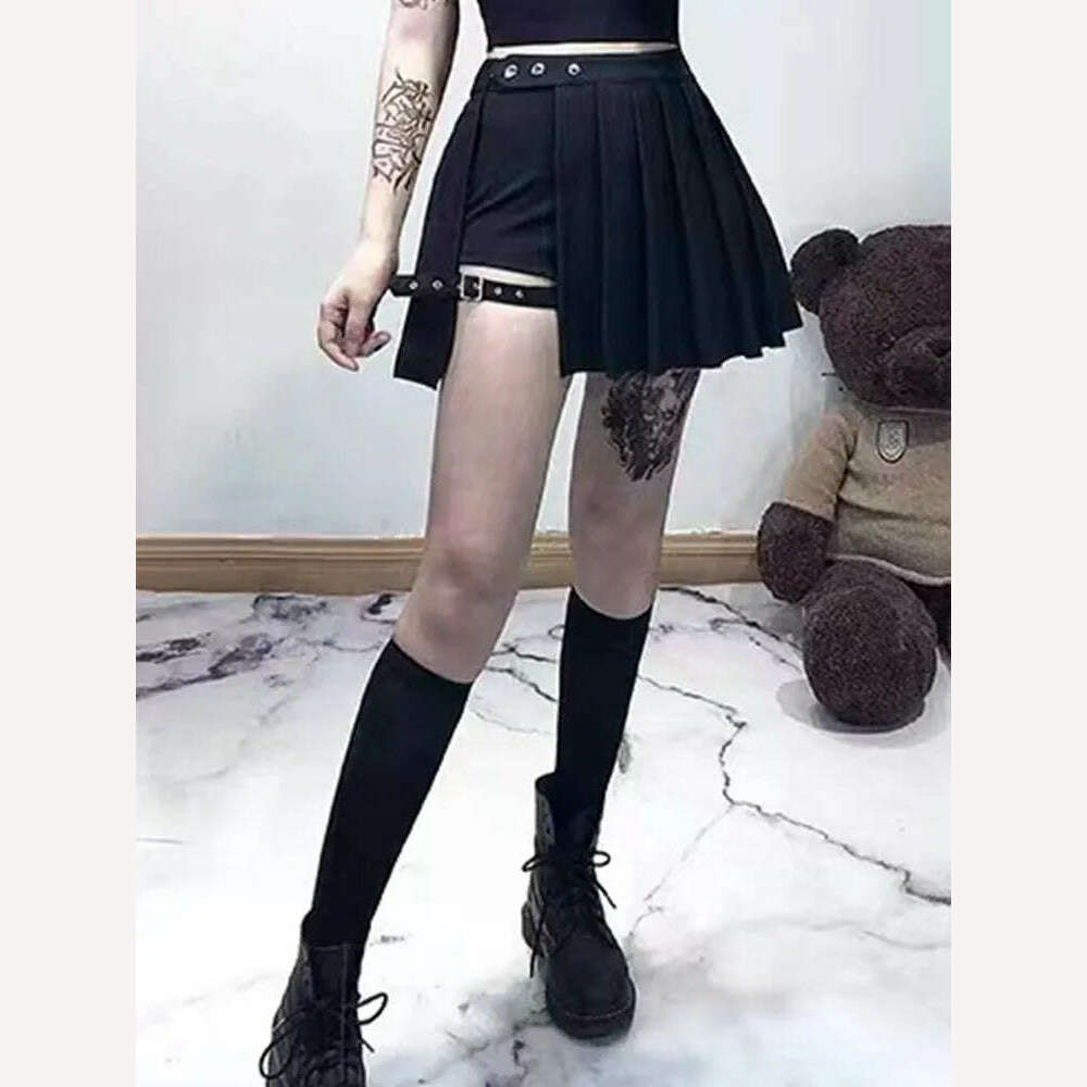 AltGoth Punk Mall Goth Shorts Skirt Women Y2k E-girl Streetwear Harajuku Leg Ring Buckle Detachable High Waist Emo Alt Clubwear - KIMLUD