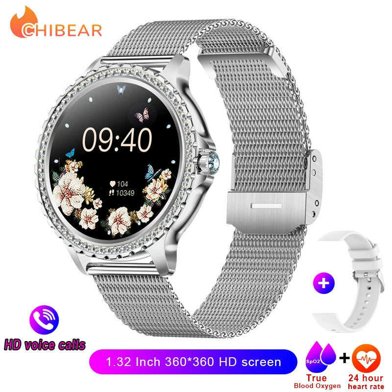 KIMLUD, AMOLED Screen Smart Watch Heart Rate Blood Oxygen Fashion Ladies Bracelet 2023 Bluetooth Call Smartwatch Womoen For Android IOS, Silver mesh belt, KIMLUD Womens Clothes