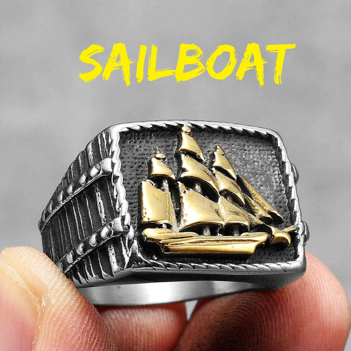 KIMLUD, Anchor Lighthouse Ocean Sailor Ship Men Rings Stainless Steel Women Jewelry Vintage Punk Rock Fashion Accessories Gift Wholesale, R527-Gold / 13, KIMLUD Womens Clothes