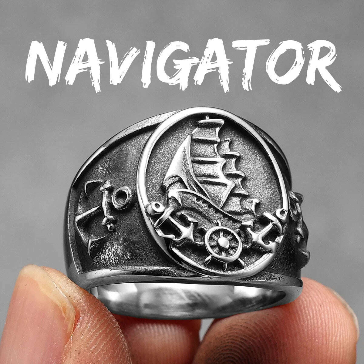 KIMLUD, Anchor Lighthouse Ocean Sailor Ship Men Rings Stainless Steel Women Jewelry Vintage Punk Rock Fashion Accessories Gift Wholesale, R1200-Navigator / 13, KIMLUD Womens Clothes