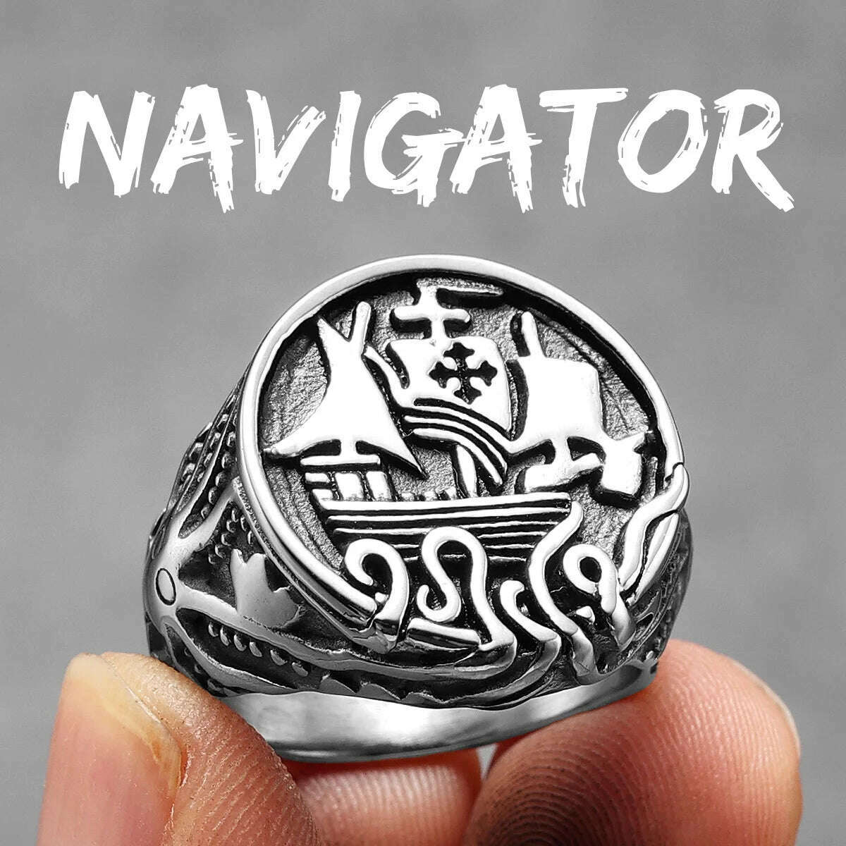 KIMLUD, Anchor Lighthouse Ocean Sailor Ship Men Rings Stainless Steel Women Jewelry Vintage Punk Rock Fashion Accessories Gift Wholesale, R1199-Navigator / 13, KIMLUD Womens Clothes