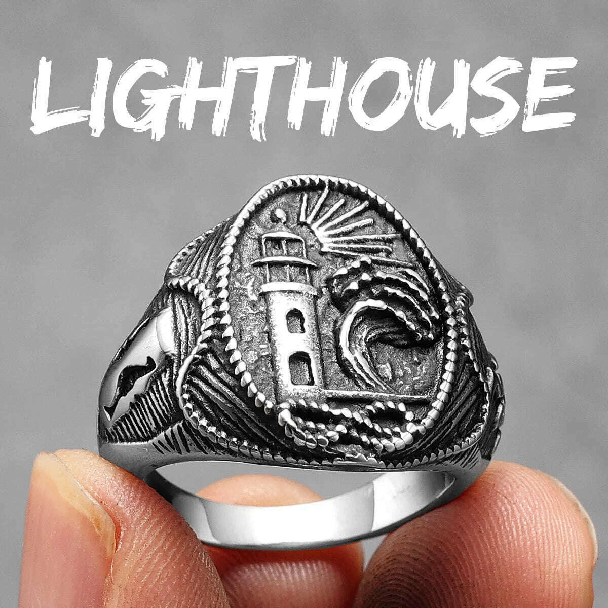 KIMLUD, Anchor Lighthouse Ocean Sailor Ship Men Rings Stainless Steel Women Jewelry Vintage Punk Rock Fashion Accessories Gift Wholesale, R1198-Lighthouse / 13, KIMLUD Womens Clothes