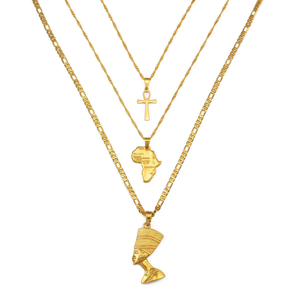 Anniyo 3pcs Necklaces Together Ankh Nefertiti Africa Map Pendant Gold/Silver Color Birthday Party Ethnic Jewelry Women #244606 - KIMLUD